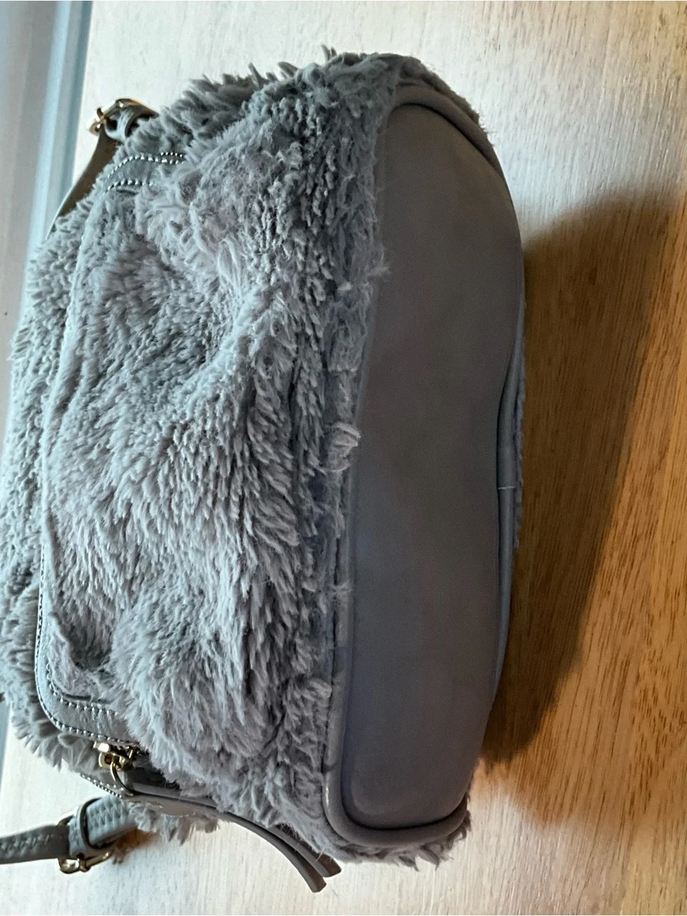Grey Faux Fur Mini Backpack Plush Teddy Convertible Bag Small 9”x12” Soft